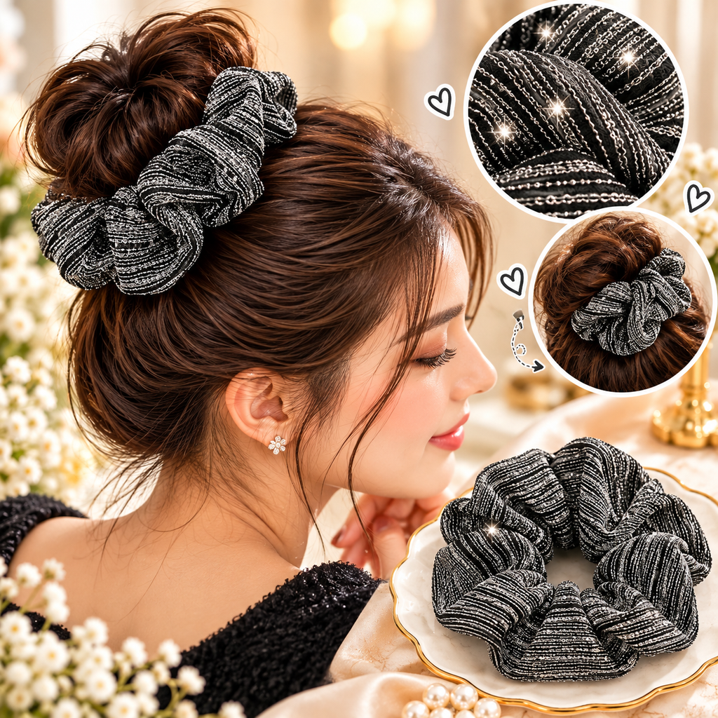 Premium Black & Silver Shimmer Hair Scrunchy for Women