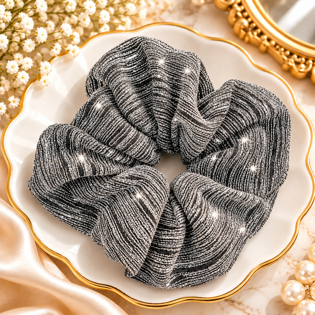 Premium Black & Silver Shimmer Hair Scrunchy for Women