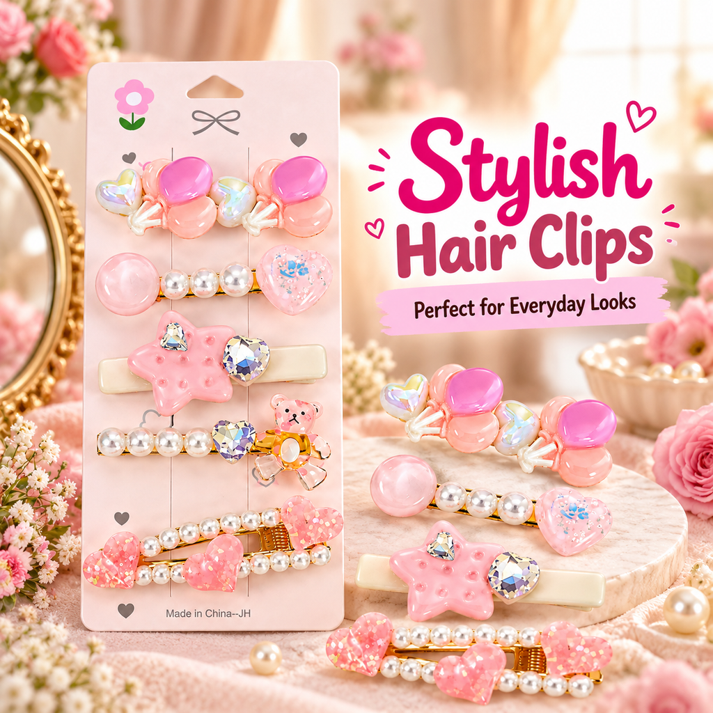 Pink Pearl, Heart, Star & Teddy Bear Hair Accessories