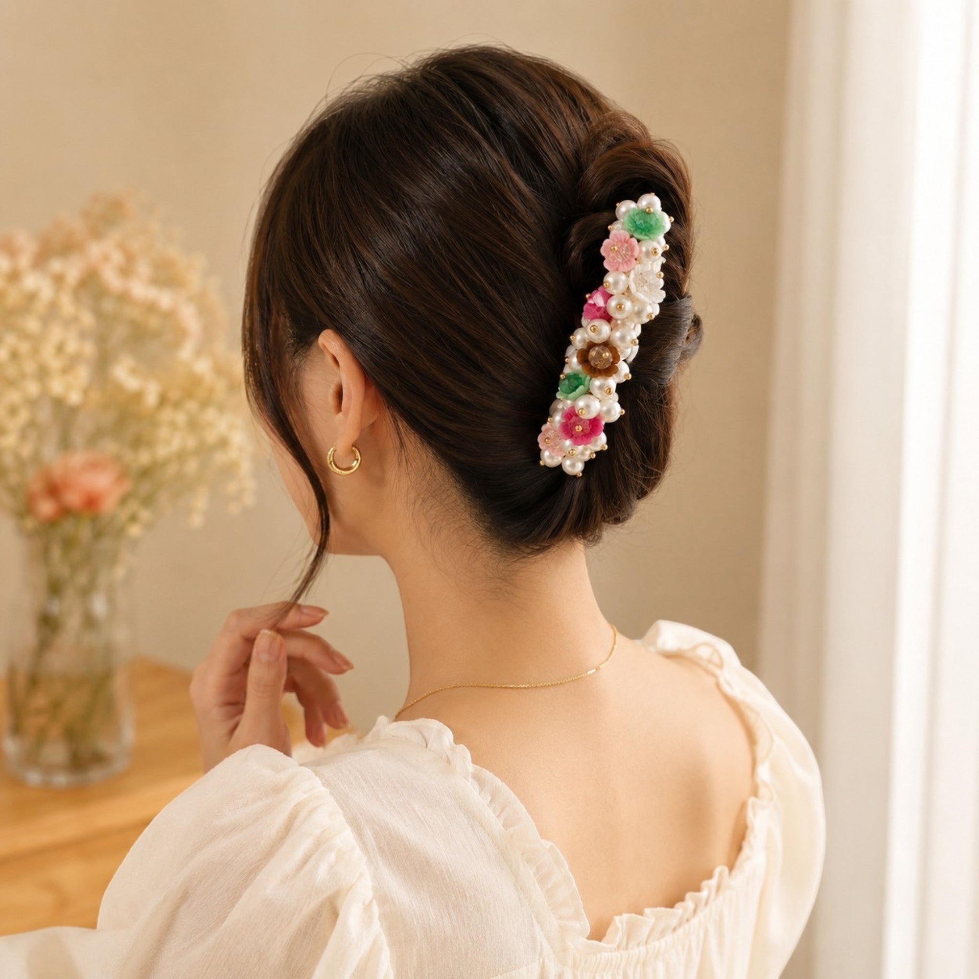 Floral Pearl Hair Barrette Clip