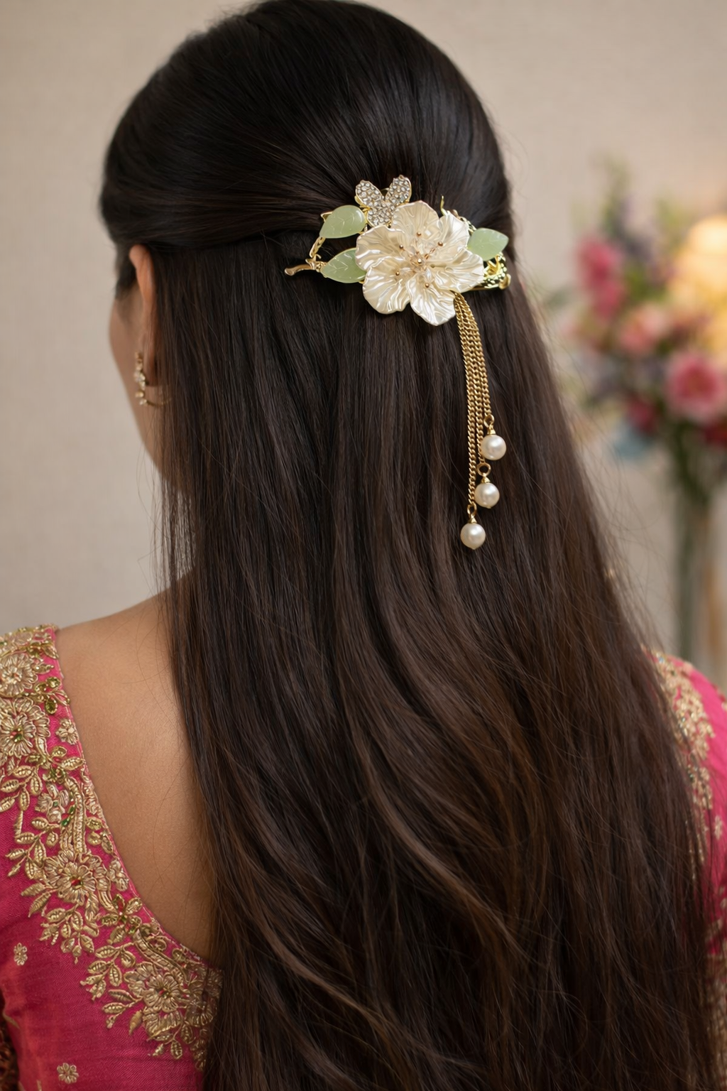 Floral pearl snap hair clip