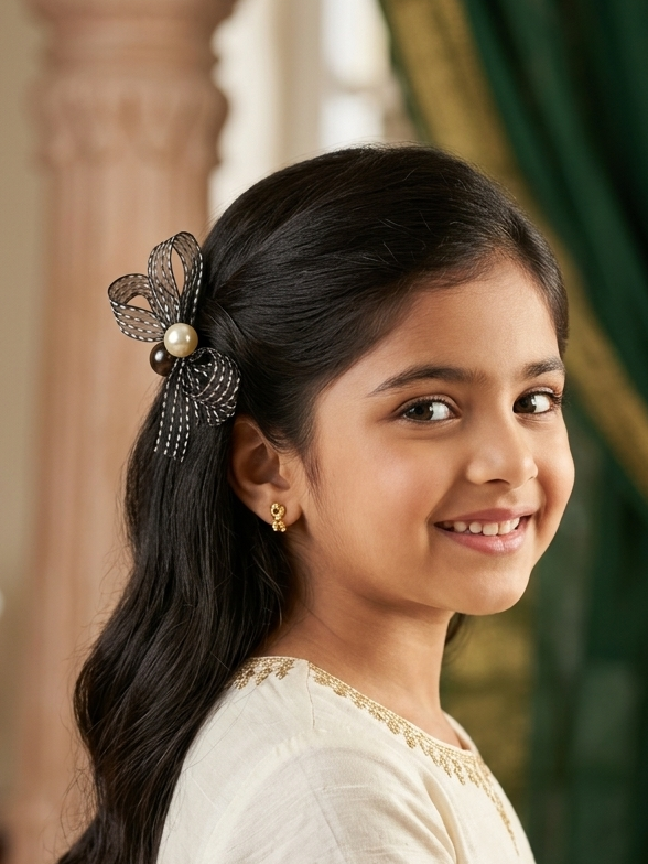 Stylish Black Bow Hair Bands for Girls – Pearl & Ribbon Elastic Hair Ties Combo (2 pcs)