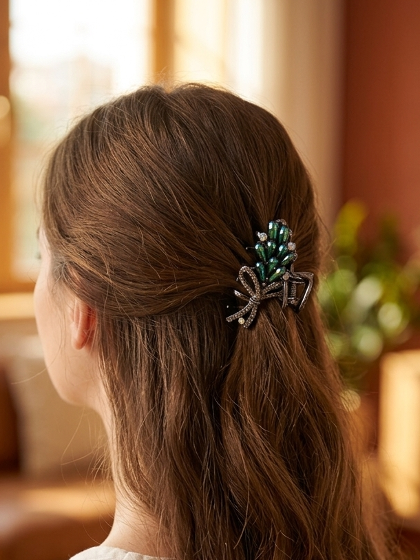 Emerald Green Crystal Bow Hair Claw Clip