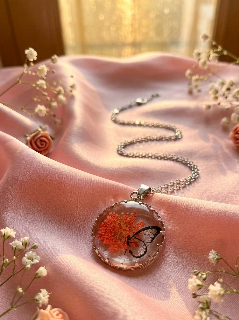 Handcrafted Butterfly & Orange Floral Resin Pendant Necklace