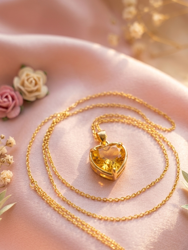 Elegant Gold-Plated Heart Pendant Necklace with Yellow Crystal Stone