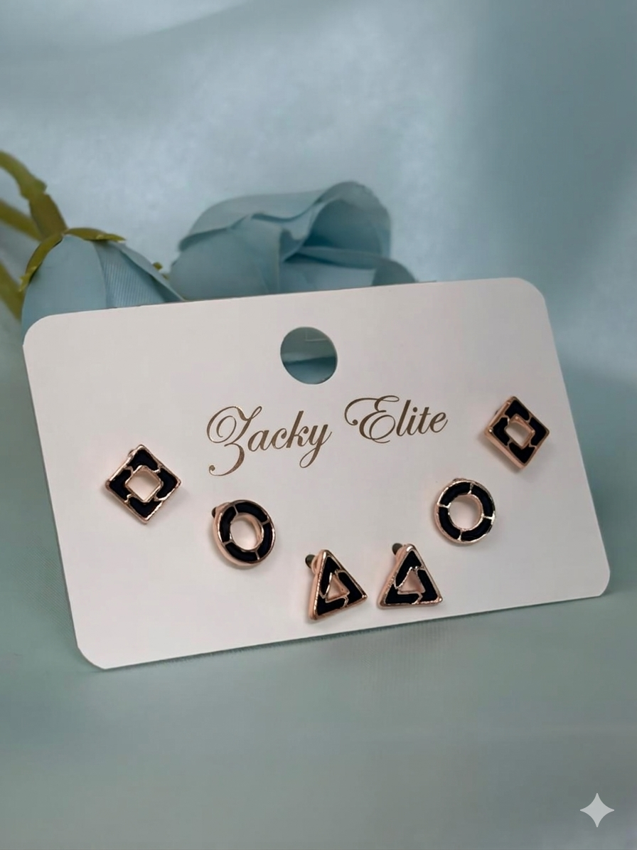Black Enamel Geometric Stud Earrings Combo (Set of 3)