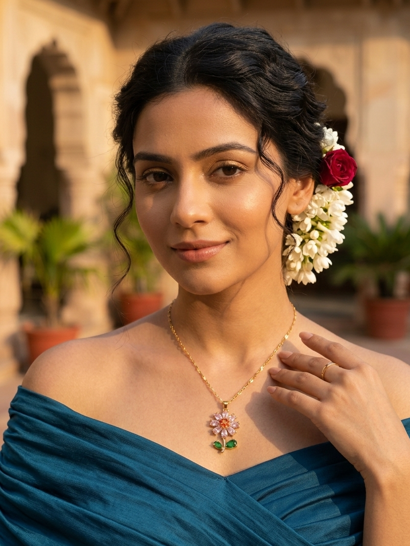 Premium Anti-Tarnish Gold Plated Pink Crystal Flower Pendant Necklace