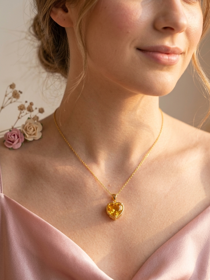 Elegant Gold-Plated Heart Pendant Necklace with Yellow Crystal Stone