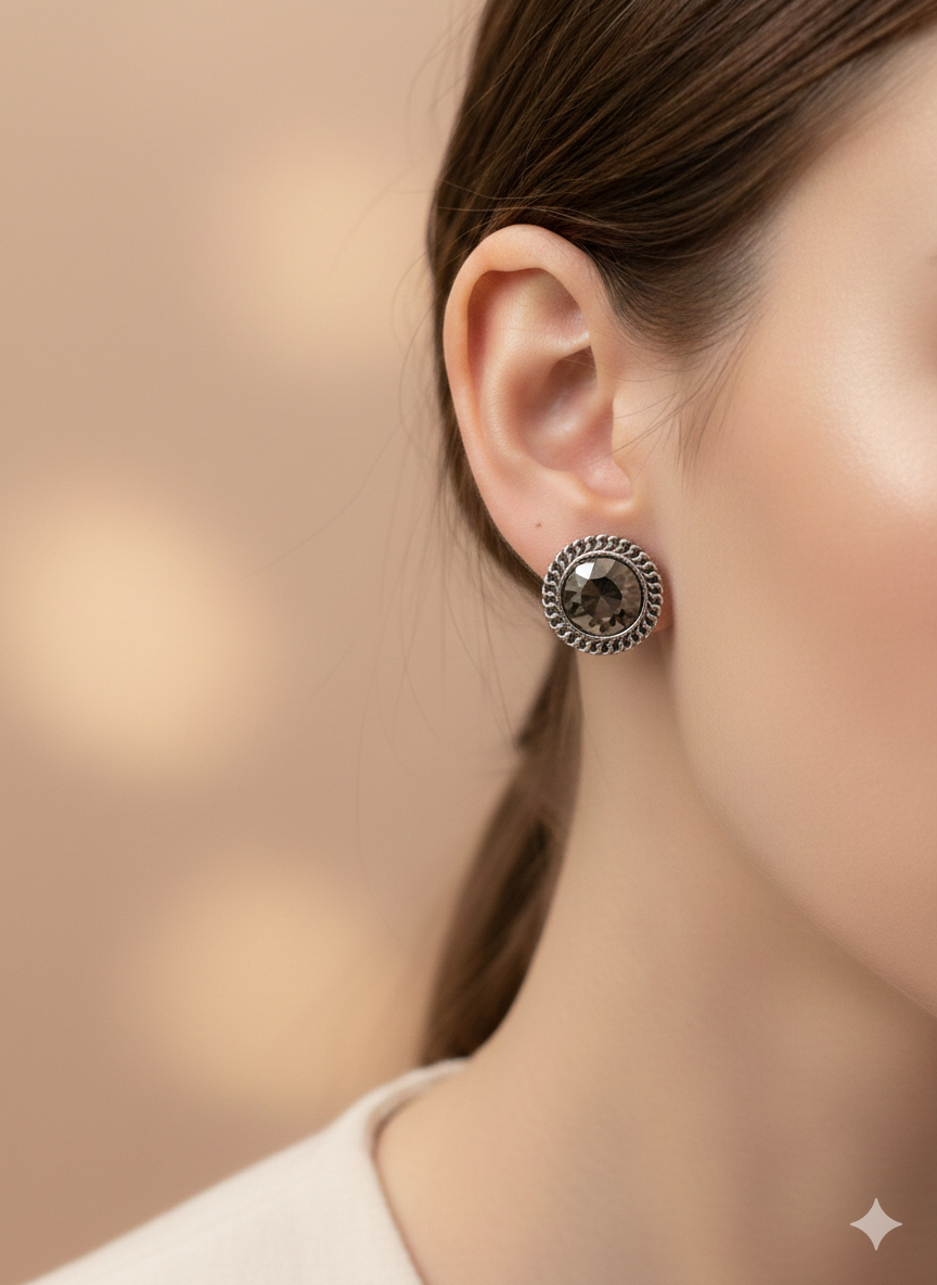 Antique Finish Round Solitaire Crystal Stud