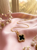 Gold Plated Clover Pendant Necklace with Black Stone