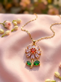 Premium Anti-Tarnish Gold Plated Pink Crystal Flower Pendant Necklace