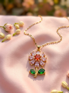 Premium Anti-Tarnish Gold Plated Pink Crystal Flower Pendant Necklace