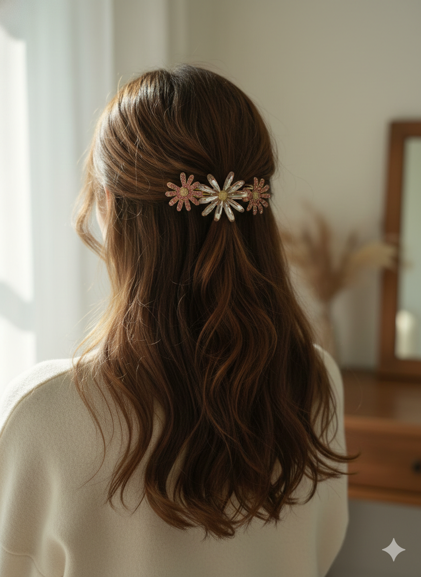 Sparkling Triple Floral Elegant Rose Gold & Diamond Flower Clip
