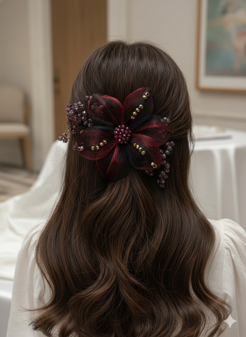 Ruby Mesh Blossom Barrette
