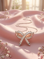 Elegant Silver Plated Bow Pendant Necklace with Crystal Stones