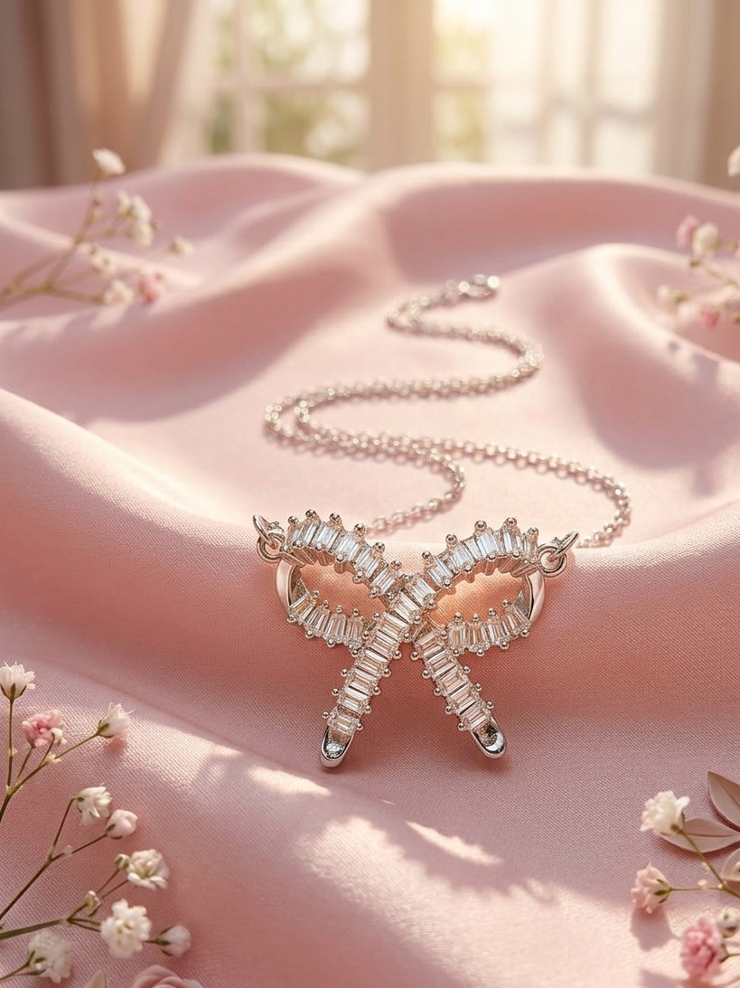 Elegant Silver Plated Bow Pendant Necklace with Crystal Stones