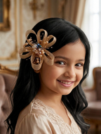 Handcrafted Gold Mesh Bow Hair Clip with Pearls & Crystals