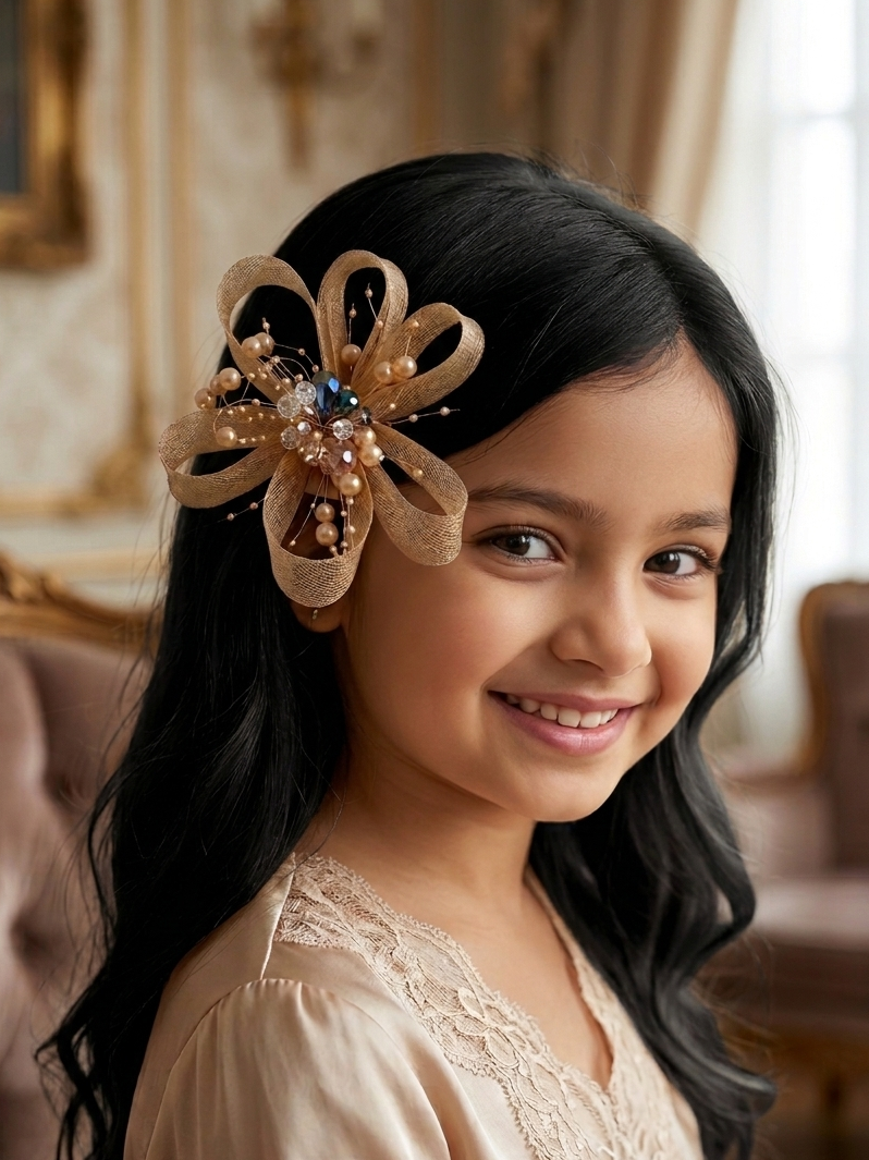 Handcrafted Gold Mesh Bow Hair Clip with Pearls & Crystals