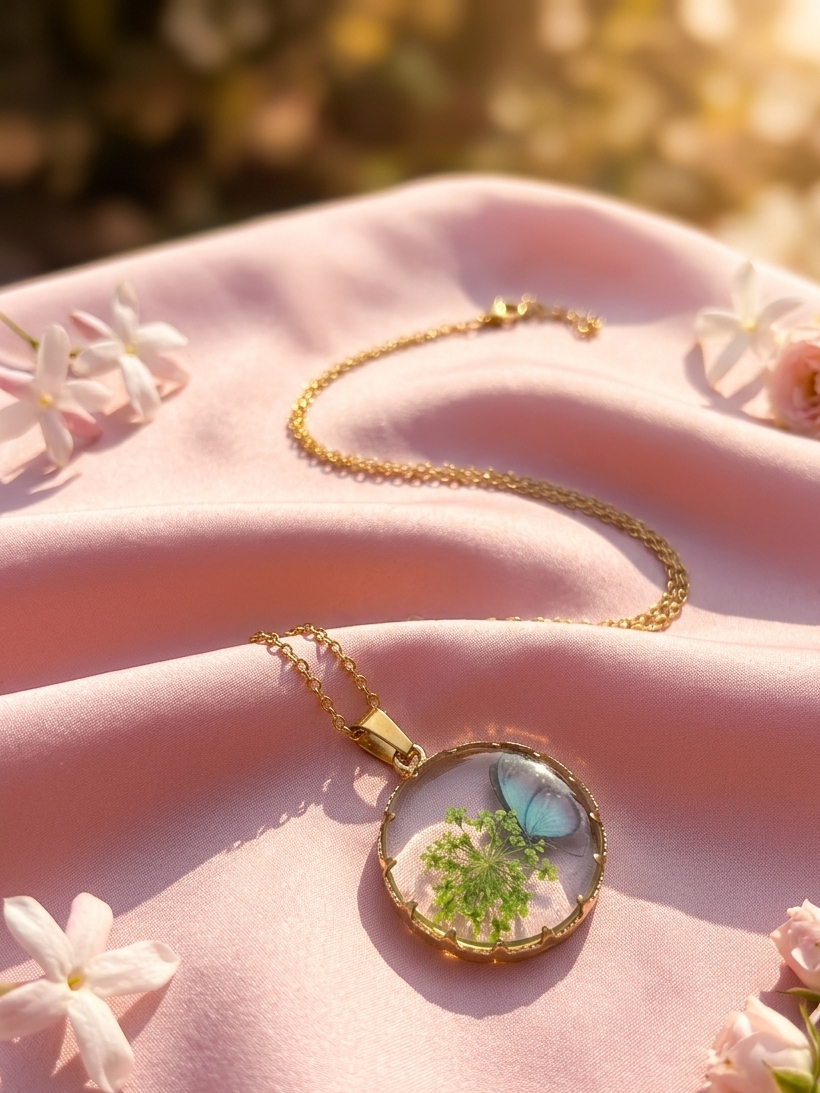 Butterfly Floral Resin Pendant Necklace for Women & Girls