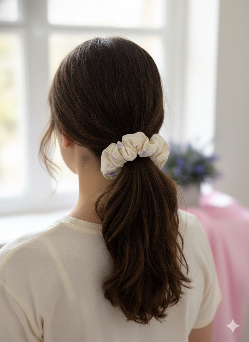 Soft Cotton Hair Tie with Purple Flower Print