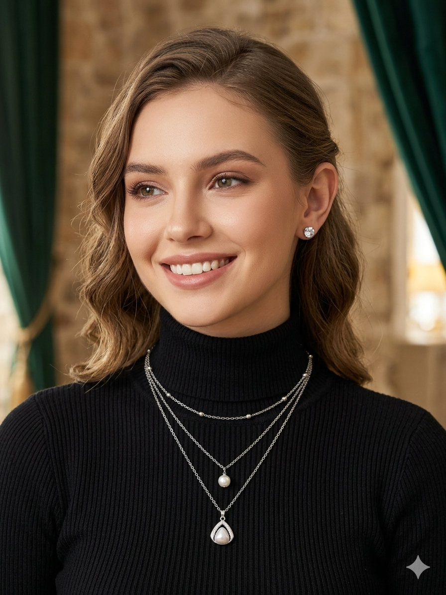 Multi-Layered Pearl Necklace Set with Oxidized Silver Floral Pendant and Earrings