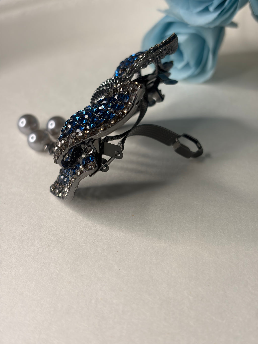 Luxury Rhinestone Hair Accessory with Hanging Grey Pearl Tassels