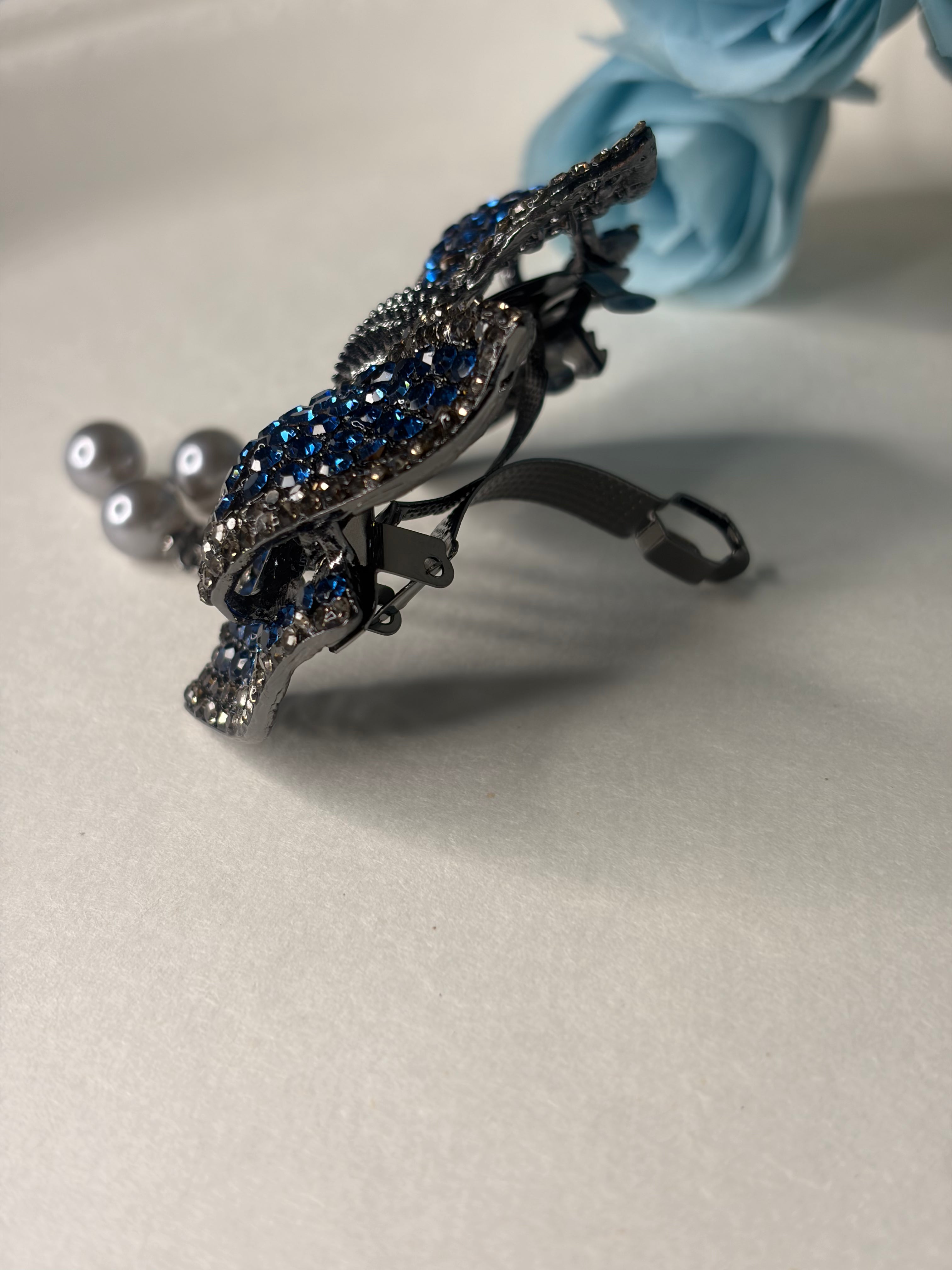 Luxury Rhinestone Hair Accessory with Hanging Grey Pearl Tassels