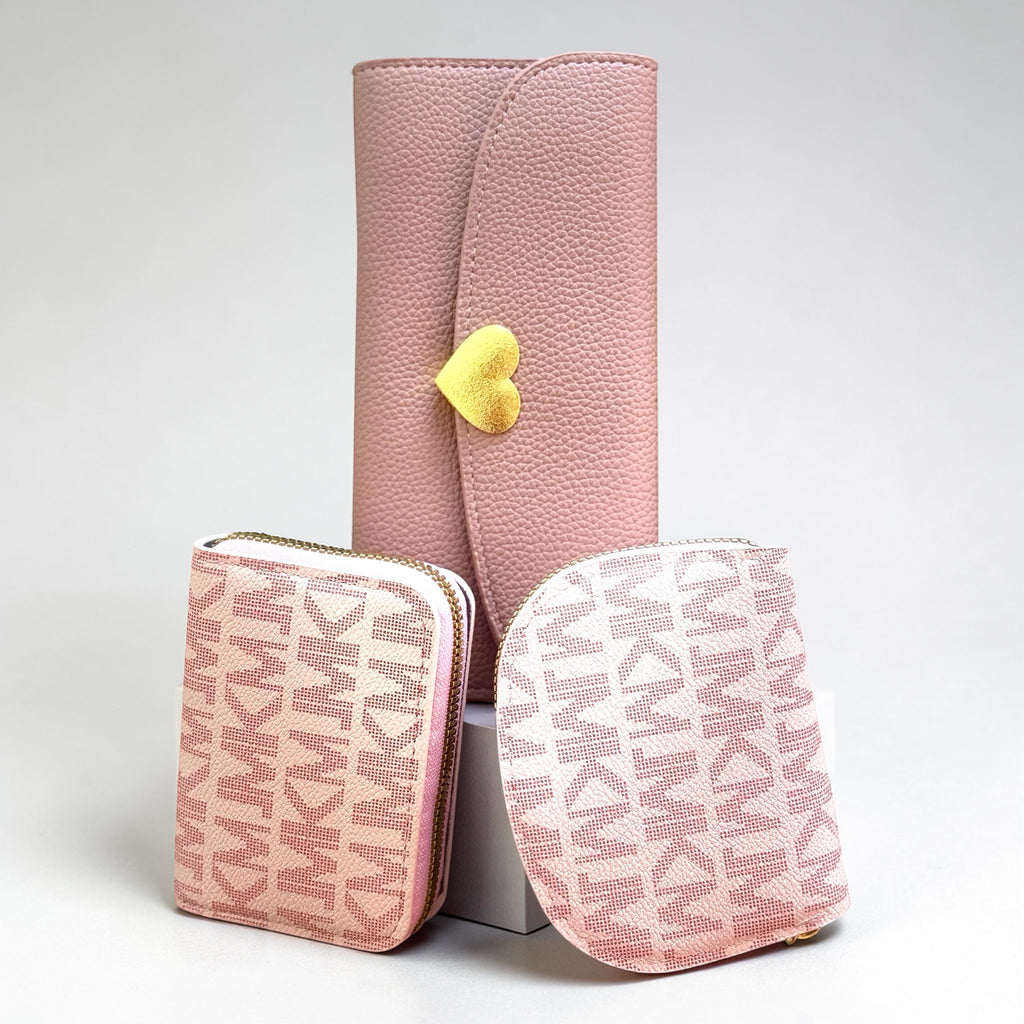 3 Pcs Women’s Pink Wallet Set – Card Holder, Coin Purse & Zip Pouch Combo