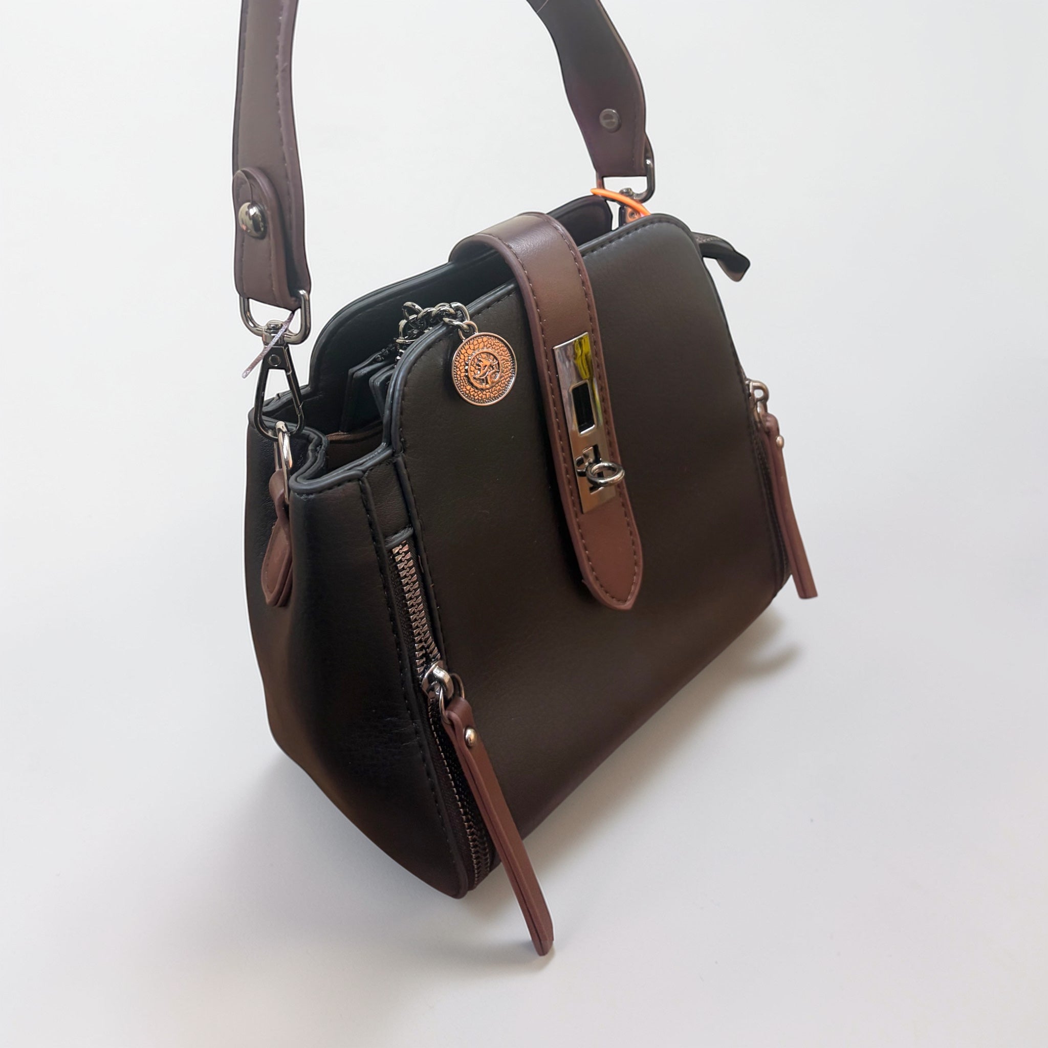 Elegant Black & Brown Women’s Sling Bag with Multi-Zip Compartments