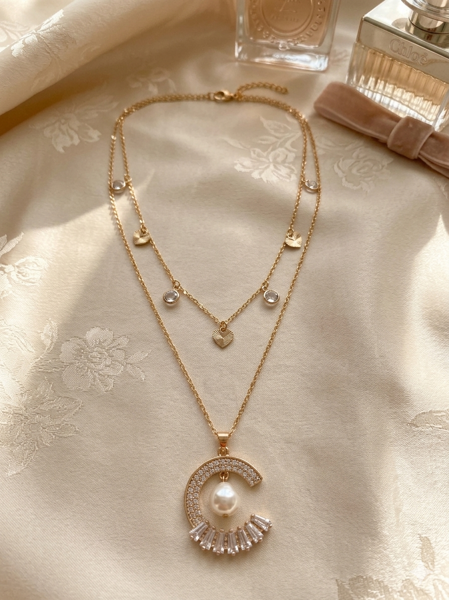 Elegant Gold Plated Layered Necklace with Pearl Pendant & Crystal Stud Earrings Set