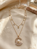 Elegant Gold Plated Layered Necklace with Pearl Pendant & Crystal Stud Earrings Set