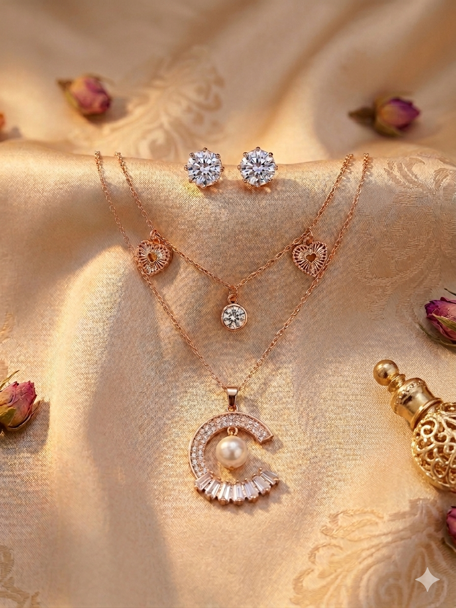 Elegant Gold Plated Layered Necklace with Pearl Pendant & Crystal Stud Earrings Set