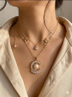 Elegant Gold Plated Layered Necklace with Pearl Pendant & Crystal Stud Earrings Set