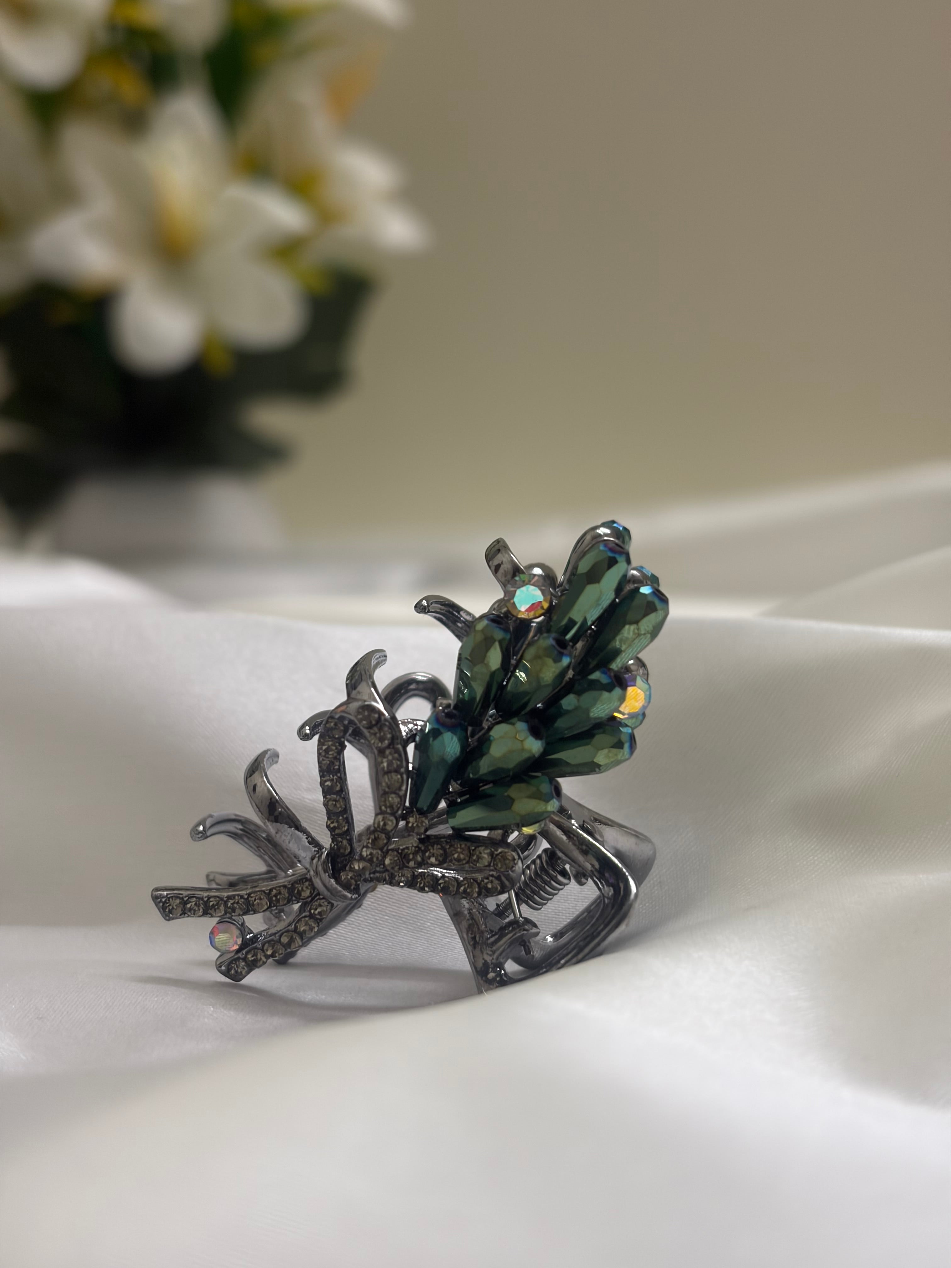 Emerald Green Crystal Bow Hair Claw Clip