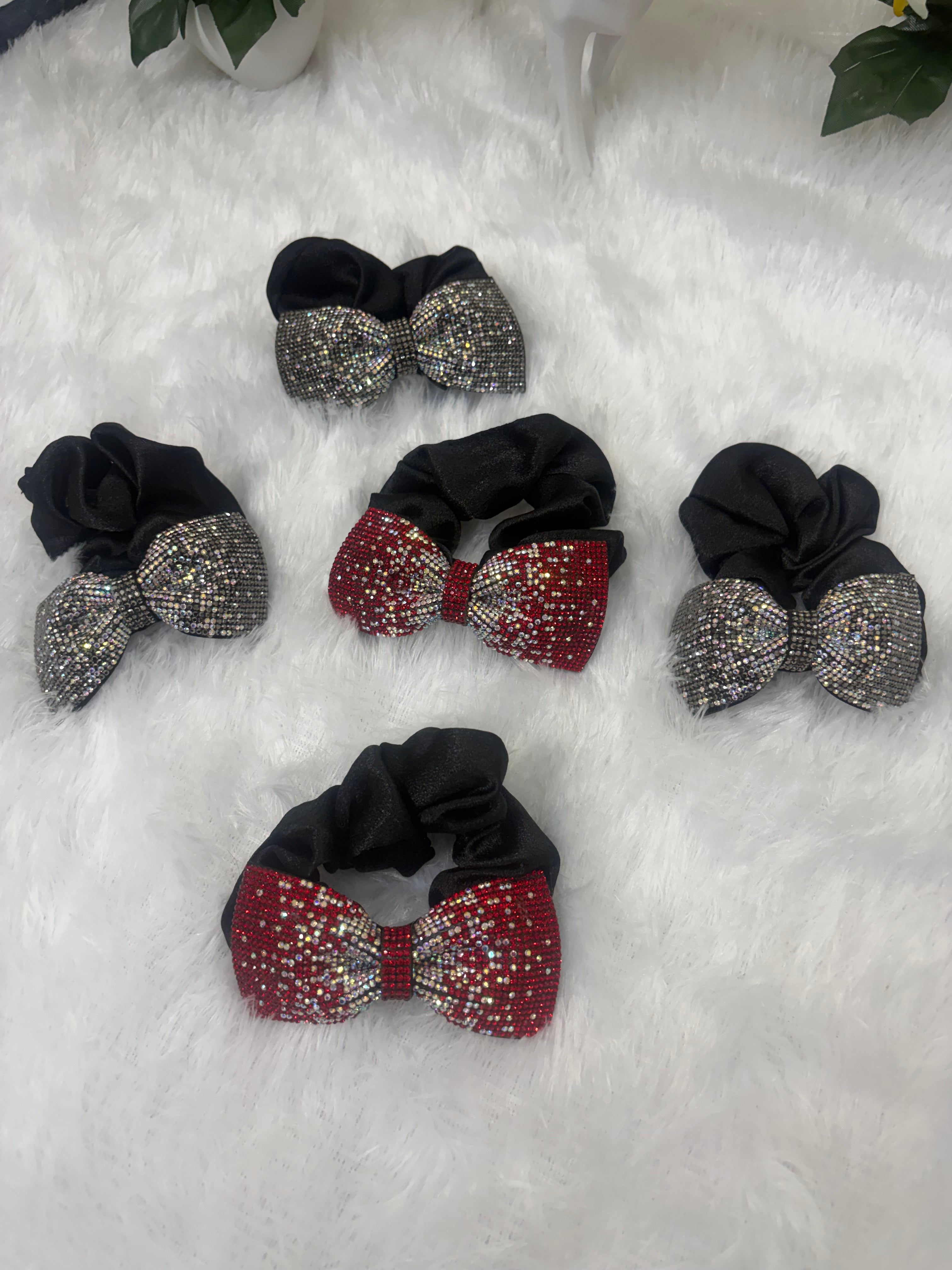 Luxury Black Satin Scrunchie with Rhinestone Bow Charm