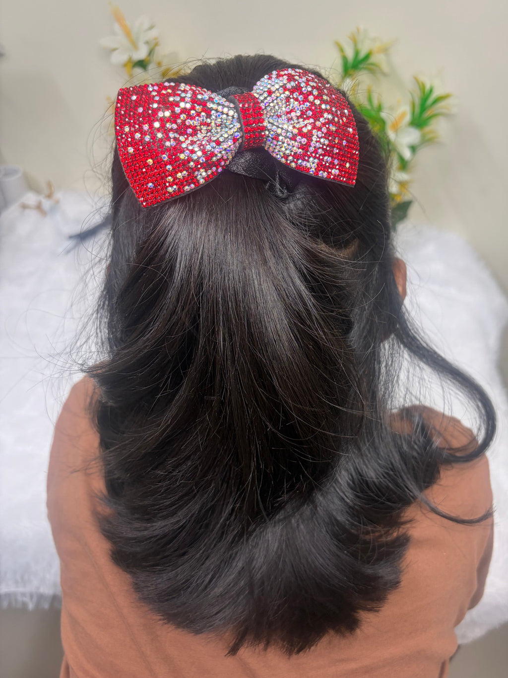 Luxury Black Satin Scrunchie with Rhinestone Bow Charm