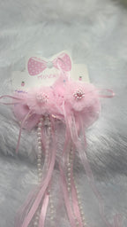 Floral Hair Clip with Long Ribbon Tassels and Pearls