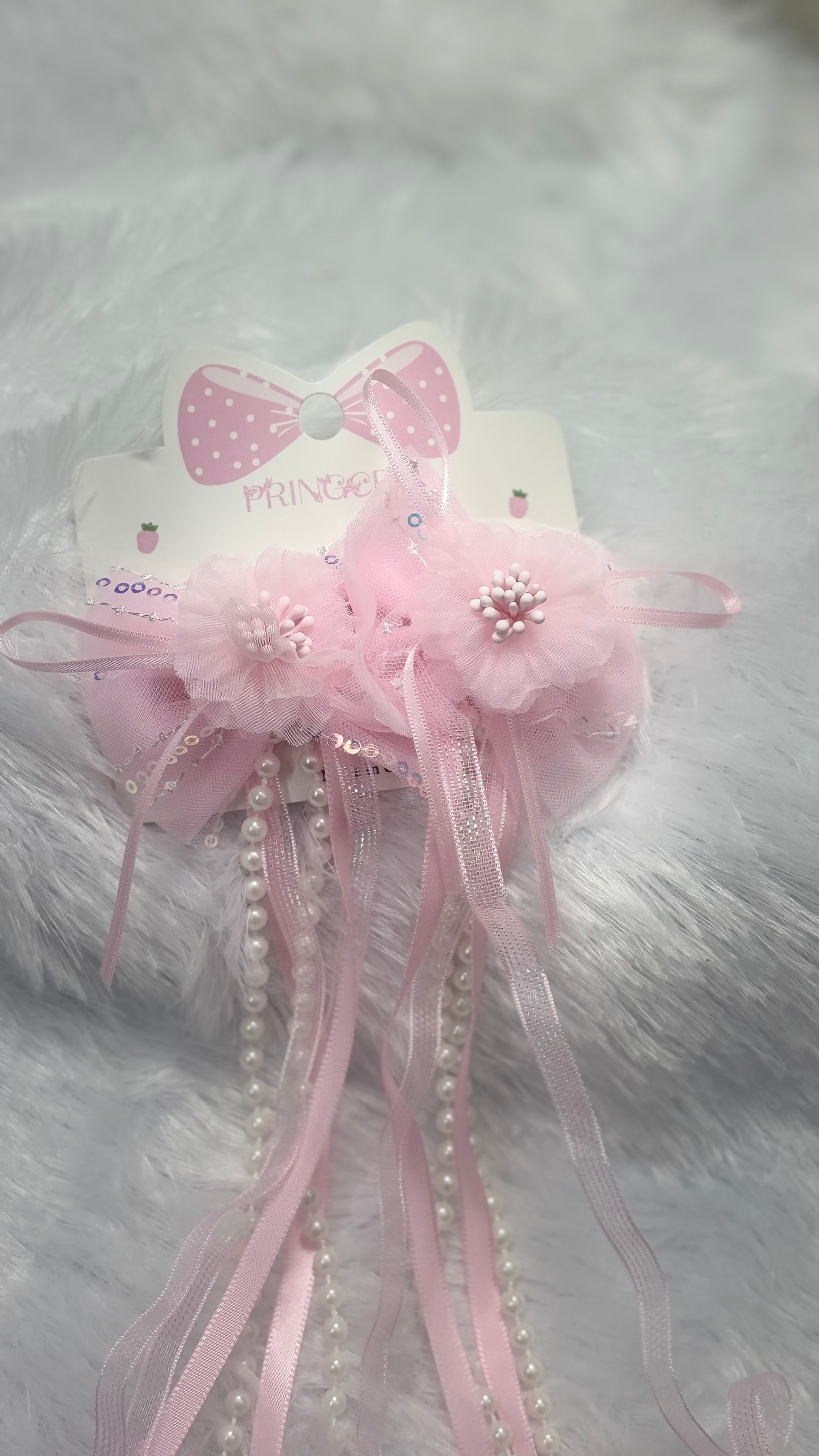 Floral Hair Clip with Long Ribbon Tassels and Pearls