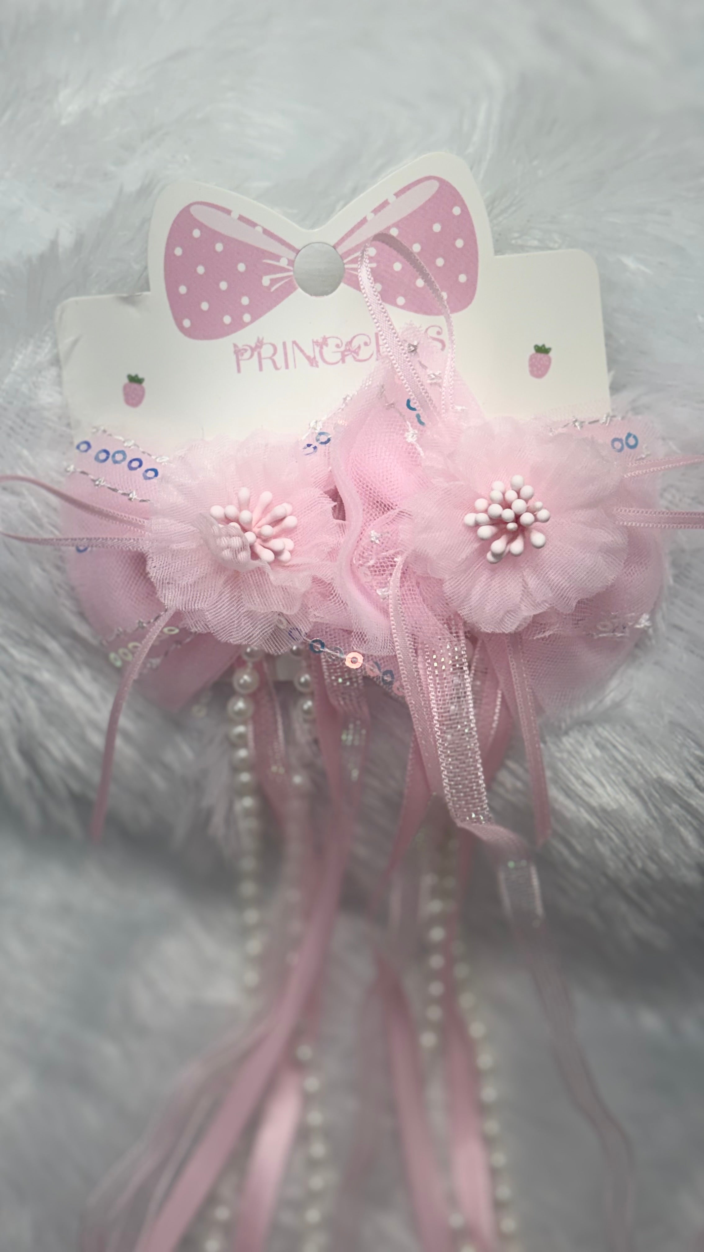 Floral Hair Clip with Long Ribbon Tassels and Pearls