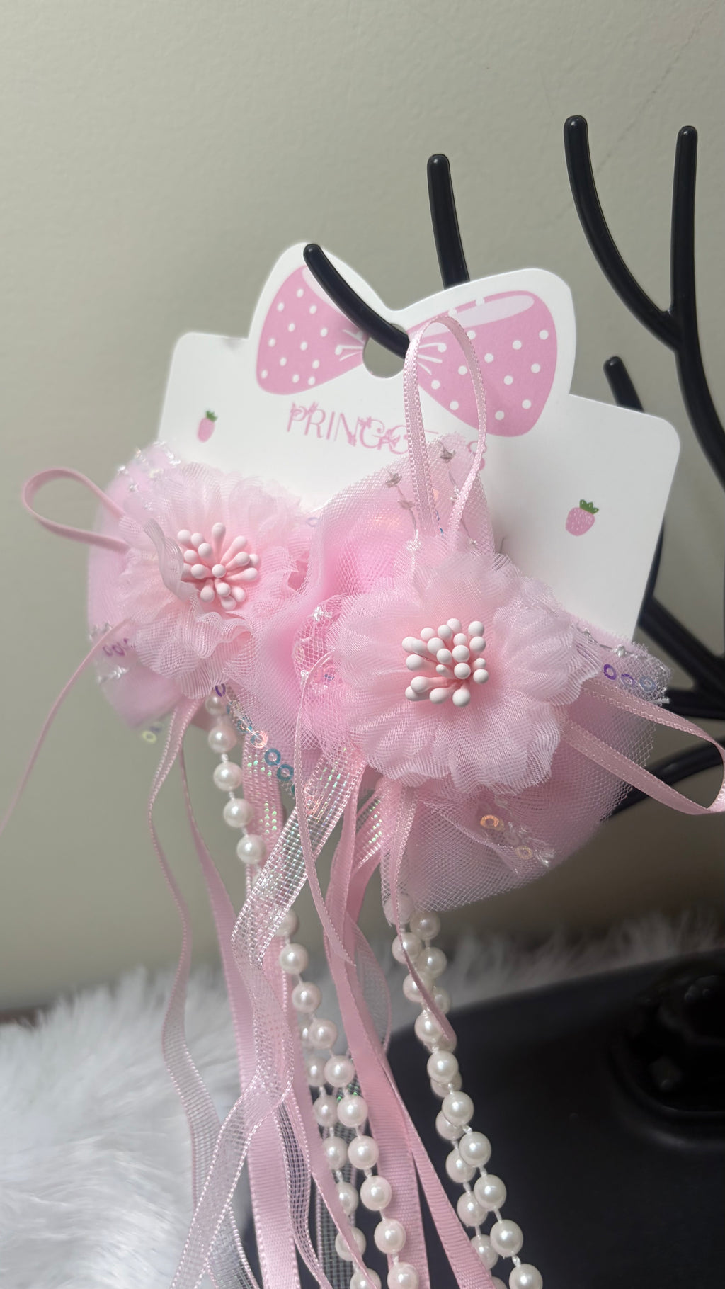 Floral Hair Clip with Long Ribbon Tassels and Pearls