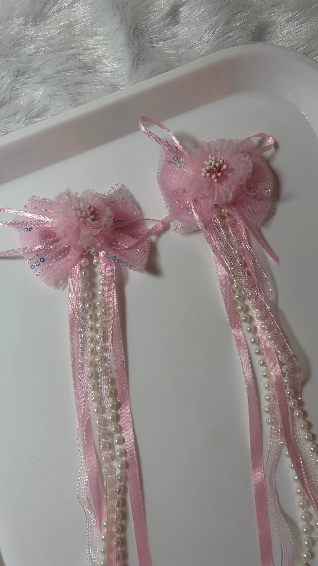 Floral Hair Clip with Long Ribbon Tassels and Pearls