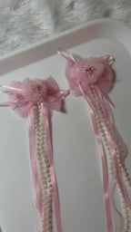 Floral Hair Clip with Long Ribbon Tassels and Pearls