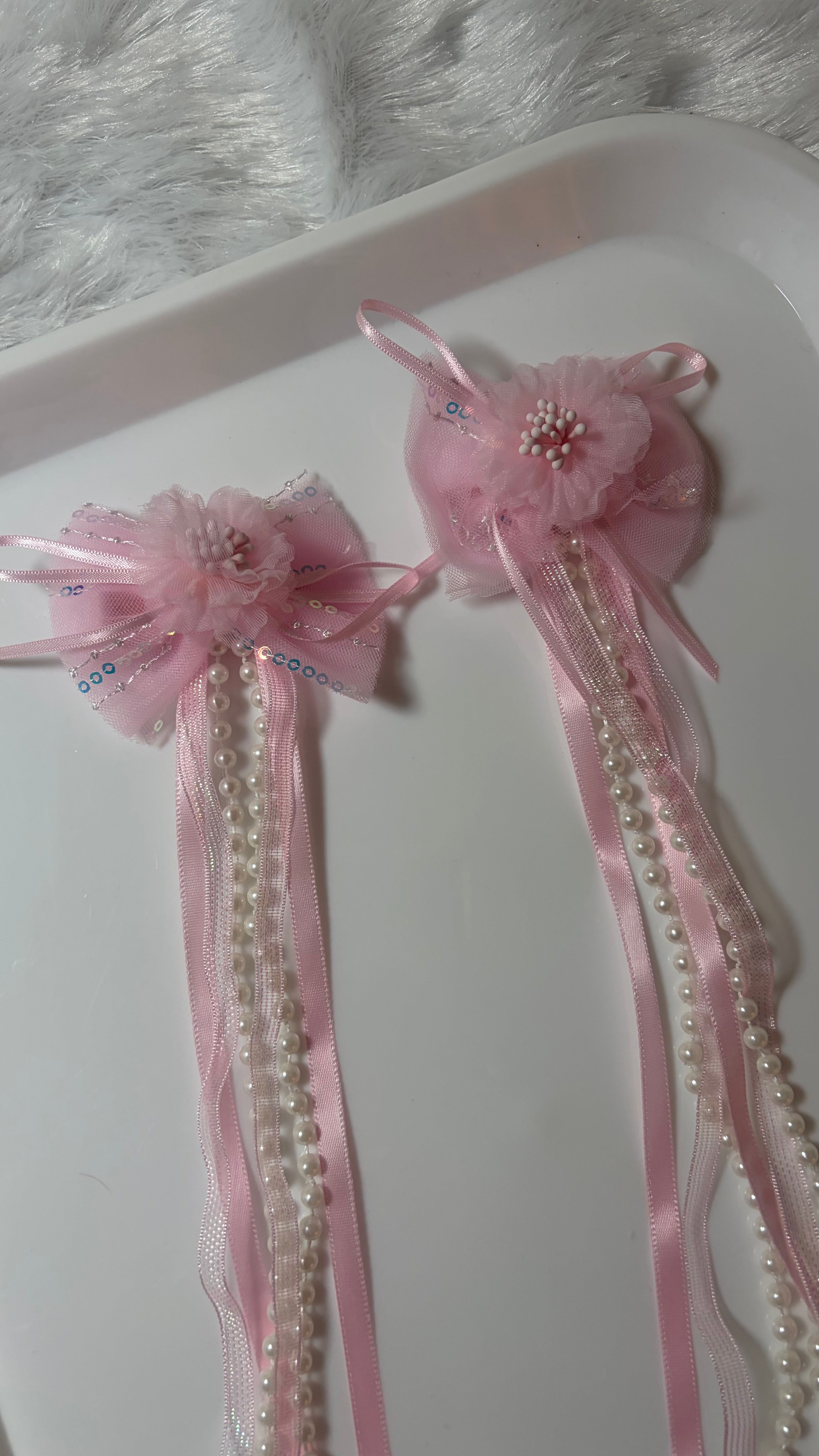 Floral Hair Clip with Long Ribbon Tassels and Pearls