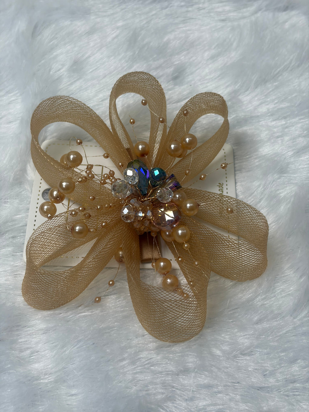 Handcrafted Gold Mesh Bow Hair Clip with Pearls & Crystals