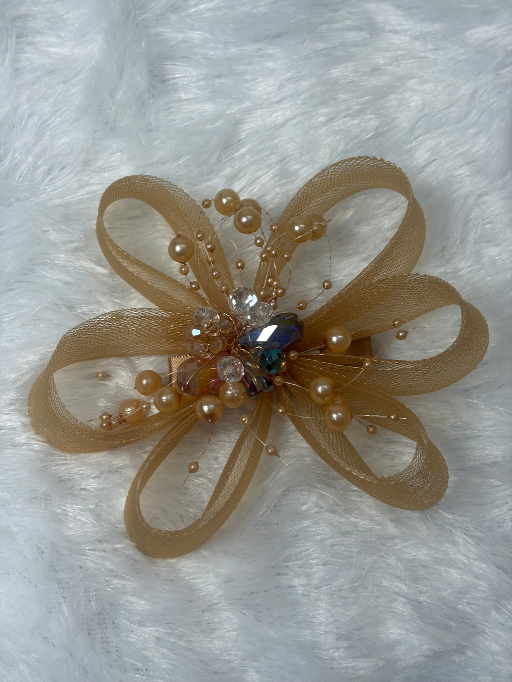 Handcrafted Gold Mesh Bow Hair Clip with Pearls & Crystals