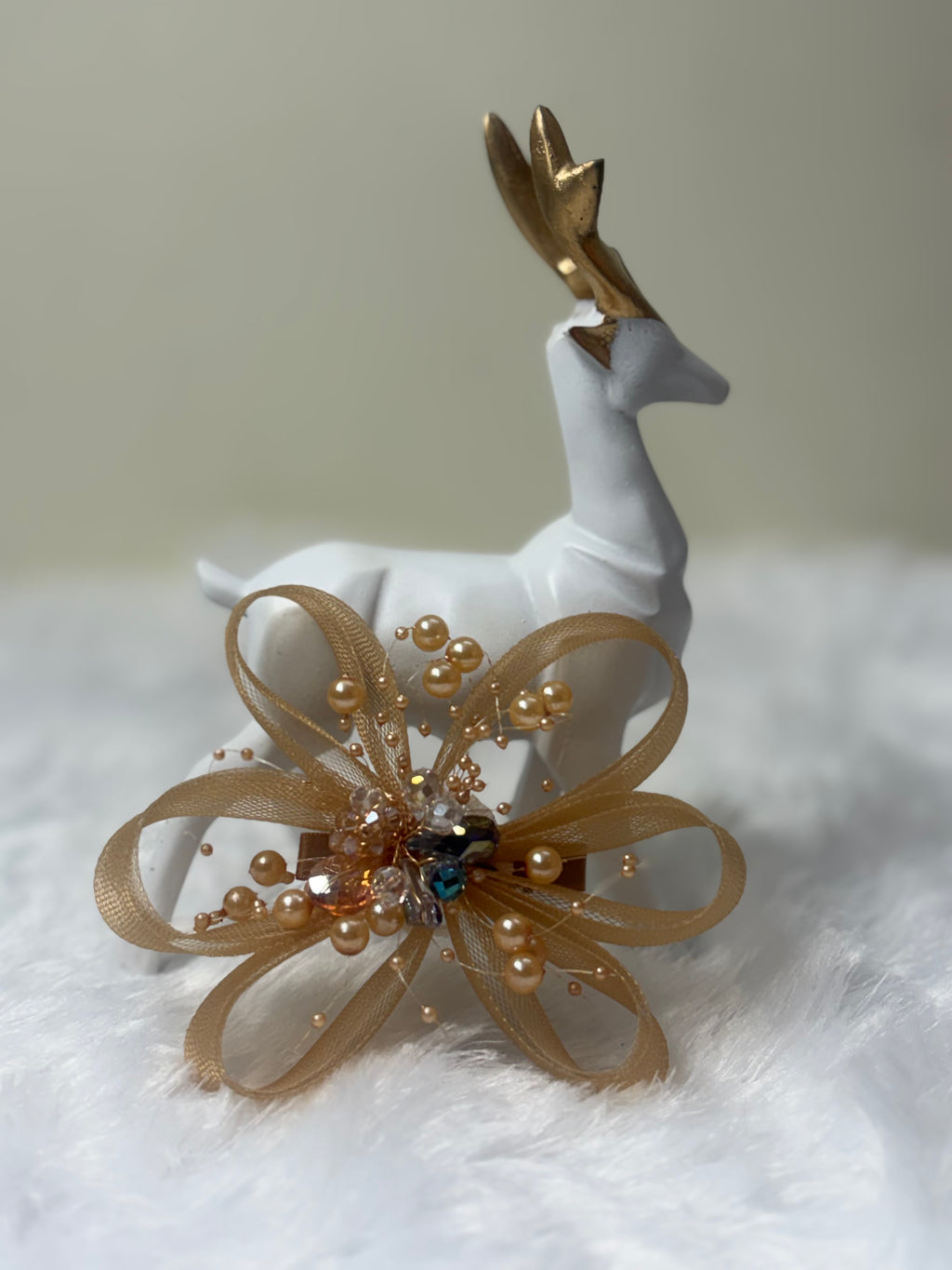 Handcrafted Gold Mesh Bow Hair Clip with Pearls & Crystals