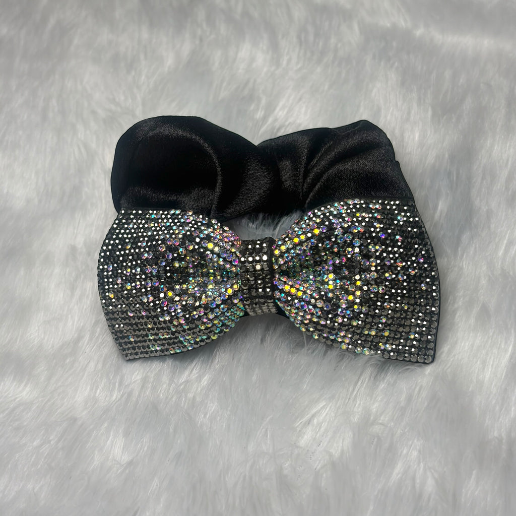 Luxury Black Satin Scrunchie with Rhinestone Bow Charm
