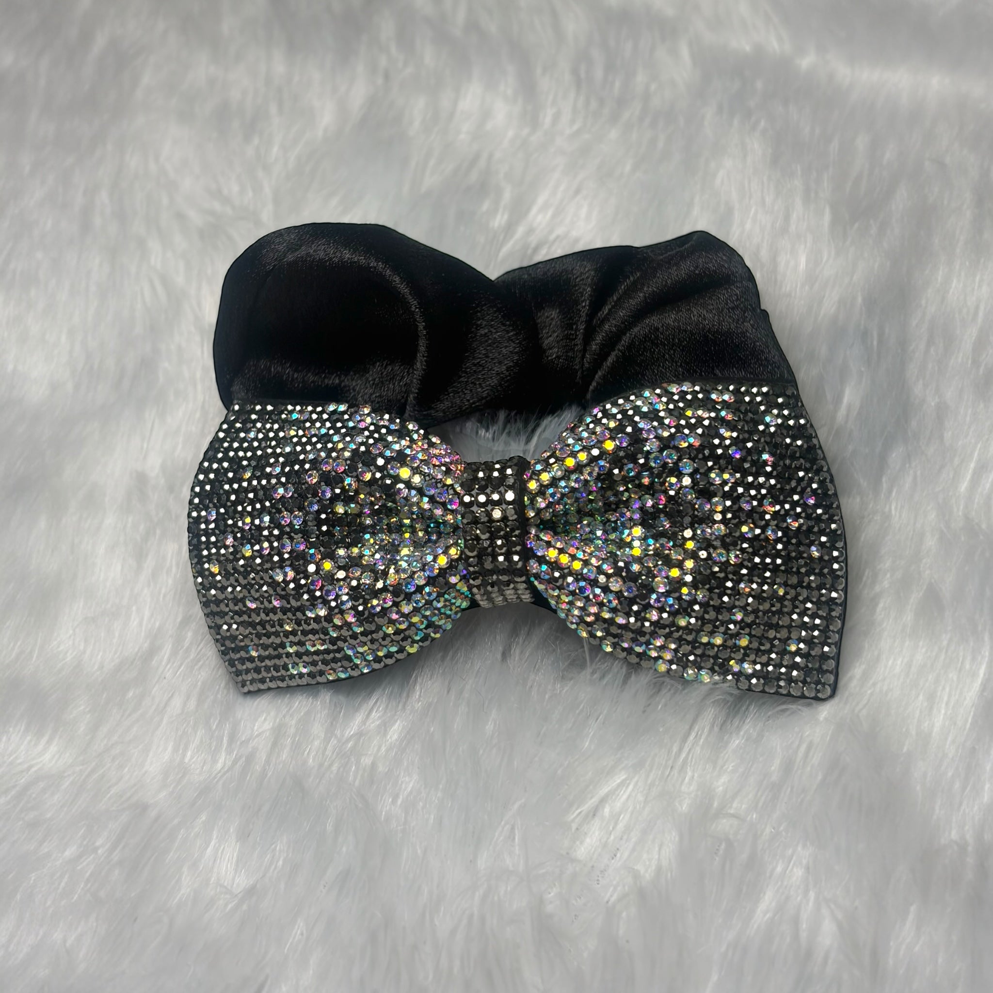 Luxury Black Satin Scrunchie with Rhinestone Bow Charm
