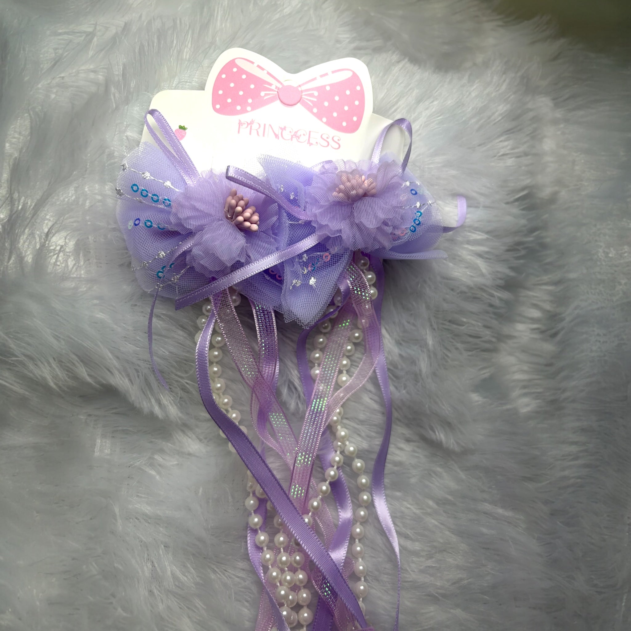 Floral Hair Clip with Long Ribbon Tassels and Pearls