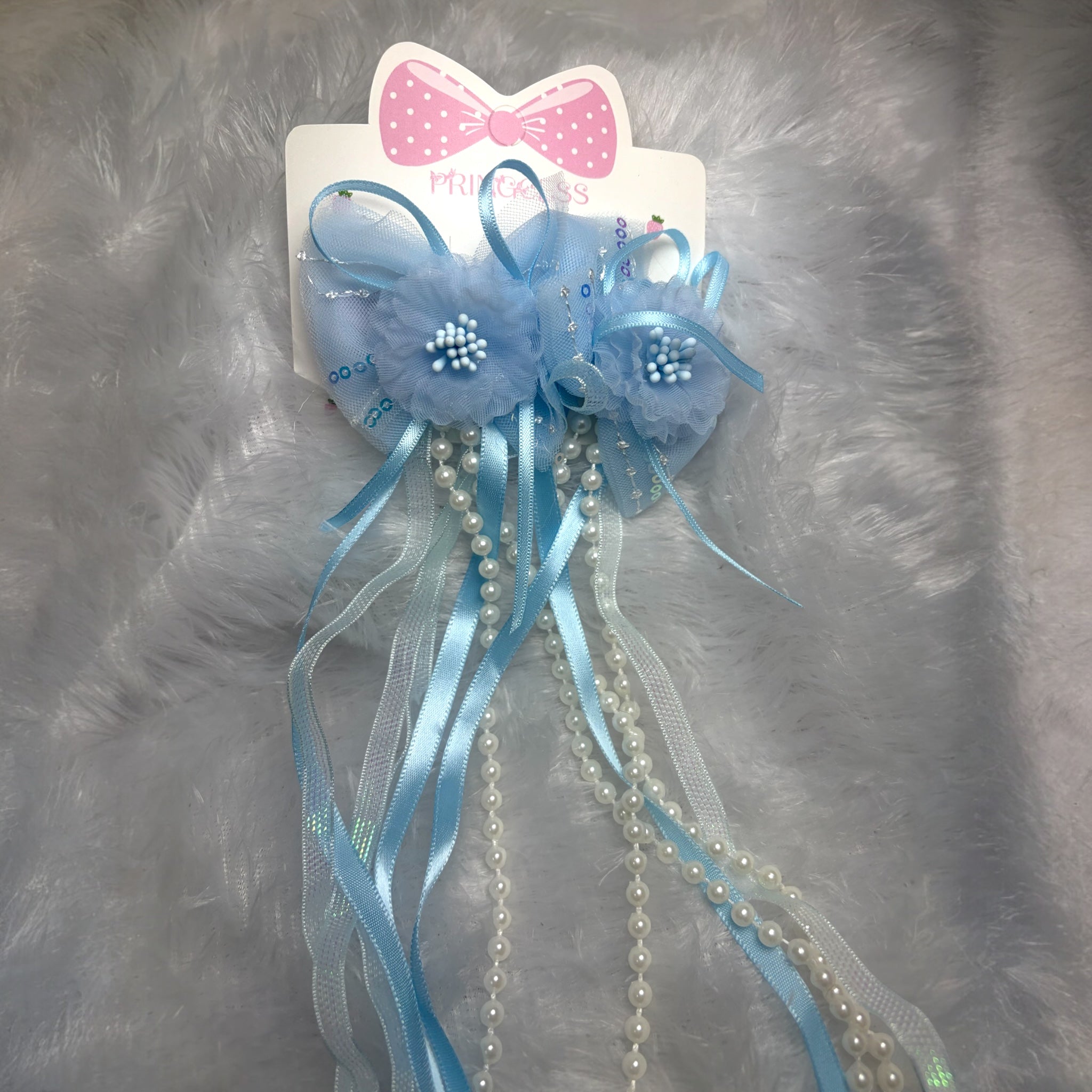 Floral Hair Clip with Long Ribbon Tassels and Pearls